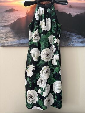 Carmen Marc Valvo Black Beaded Halter Silk Midi Dress with Roses Print/2